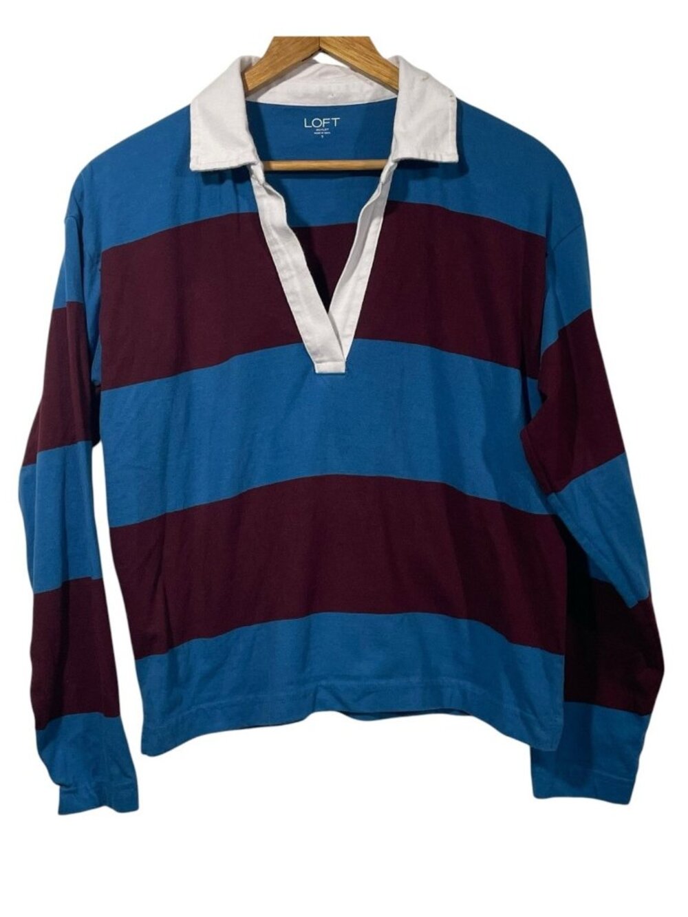 Loft Womens Blue Burgundy Striped  Polo Rugby Shirt Cropped Length Sz S V Neck